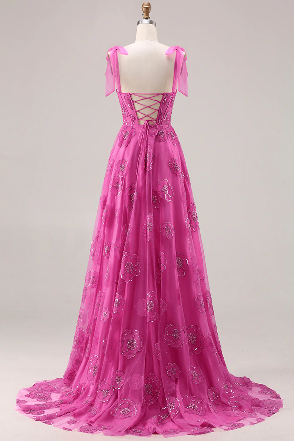 Fuchsia A-Line Beaded Floral Burnot Long Prom Dress with Lace Up Back - Image 2