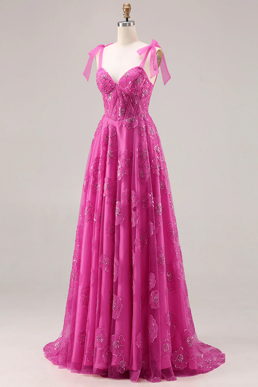 Fuchsia A-Line Beaded Floral Burnot Long Prom Dress with Lace Up Back - Image 3