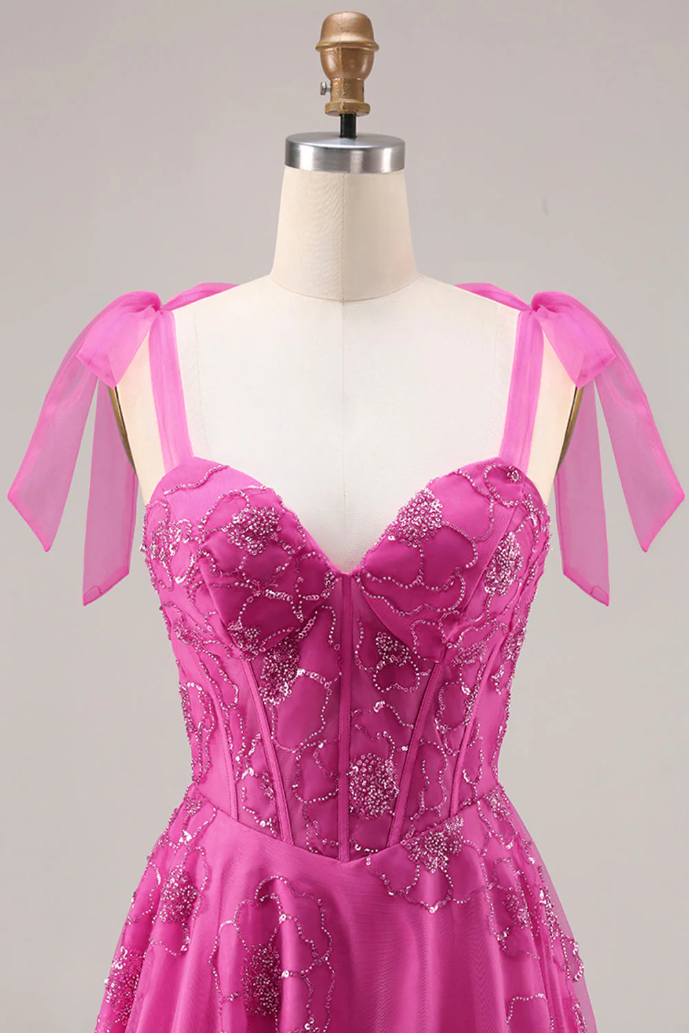 Fuchsia A-Line Beaded Floral Burnot Long Prom Dress with Lace Up Back - Image 4