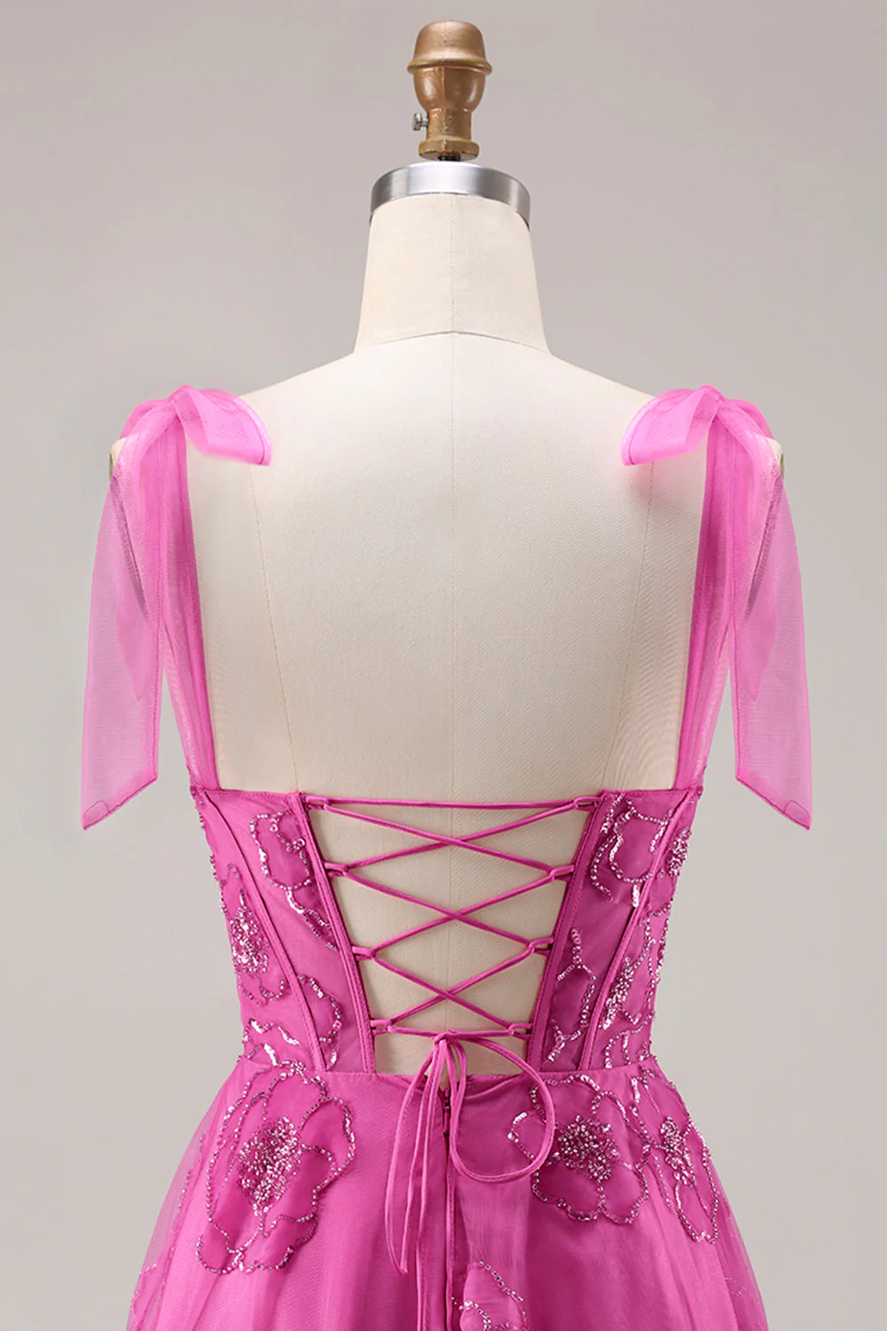 Fuchsia A-Line Beaded Floral Burnot Long Prom Dress with Lace Up Back - Image 5