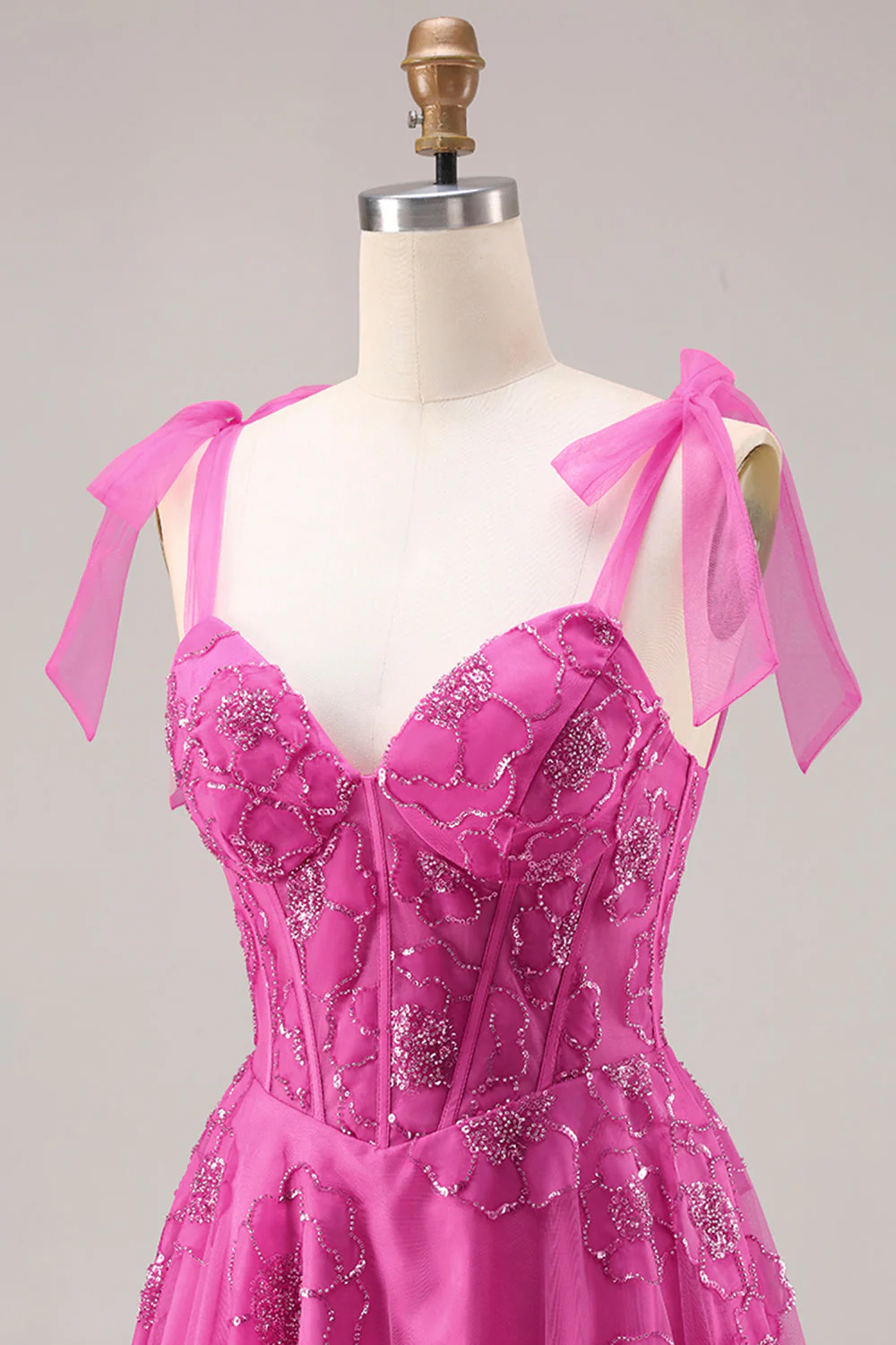 Fuchsia A-Line Beaded Floral Burnot Long Prom Dress with Lace Up Back - Image 6