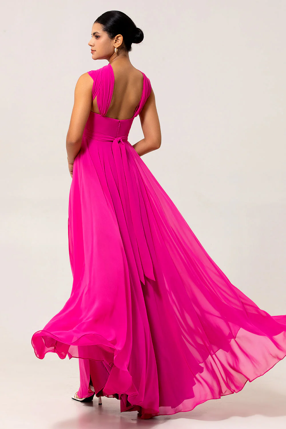 Fuchsia A Line Convertible Chiffon Long Bridesmaid Dress with Slit - Image 2
