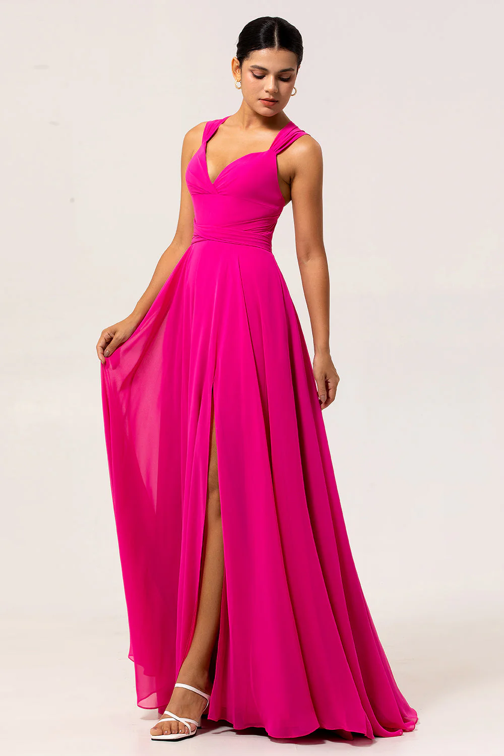 Fuchsia A Line Convertible Chiffon Long Bridesmaid Dress with Slit - Image 3