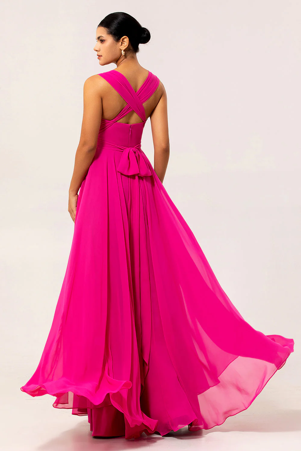 Fuchsia A Line Convertible Chiffon Long Bridesmaid Dress with Slit - Image 4