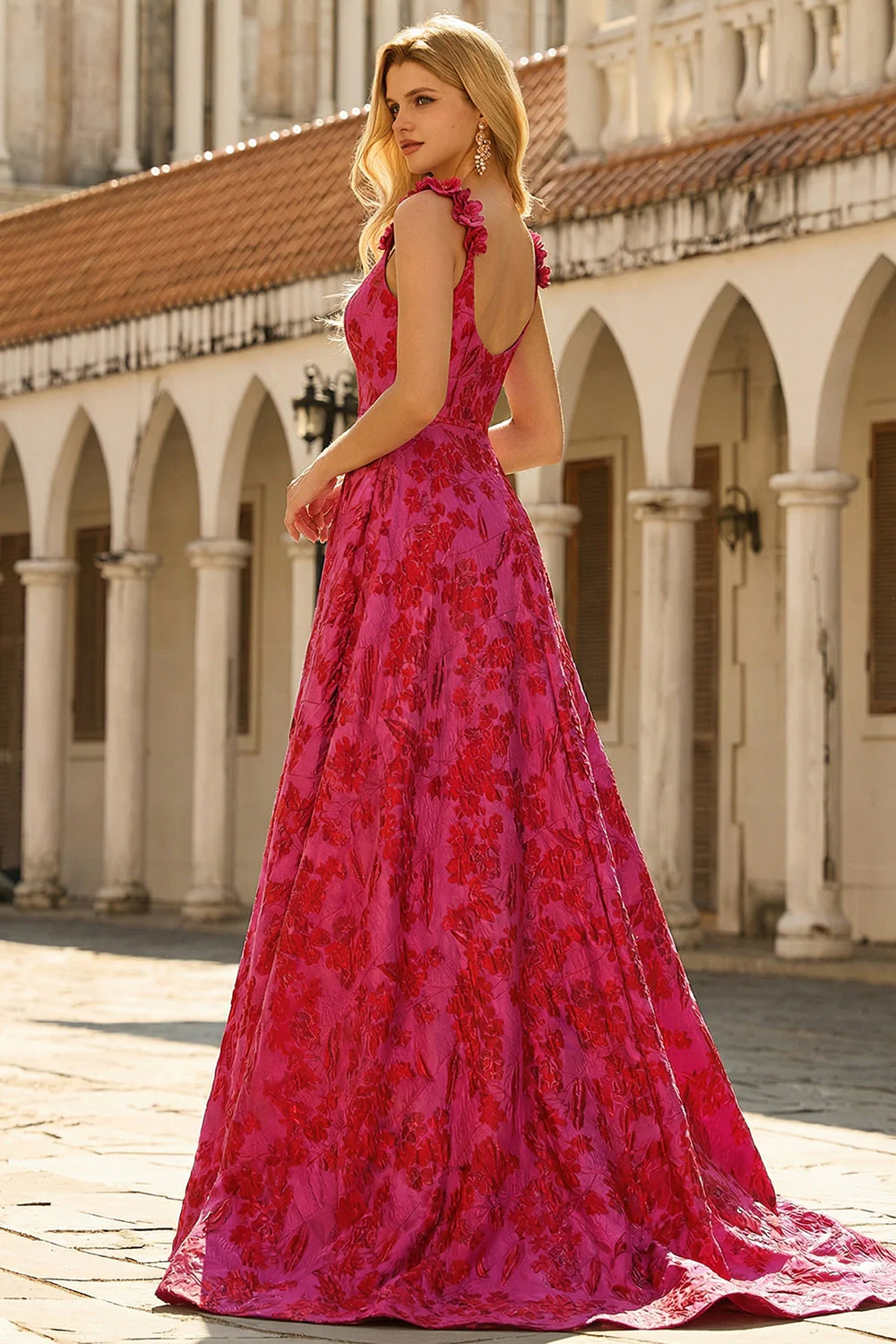 Fuchsia A-Line Floral Spaghetti Straps Jacquard Brocade Long Prom Dress - Image 2