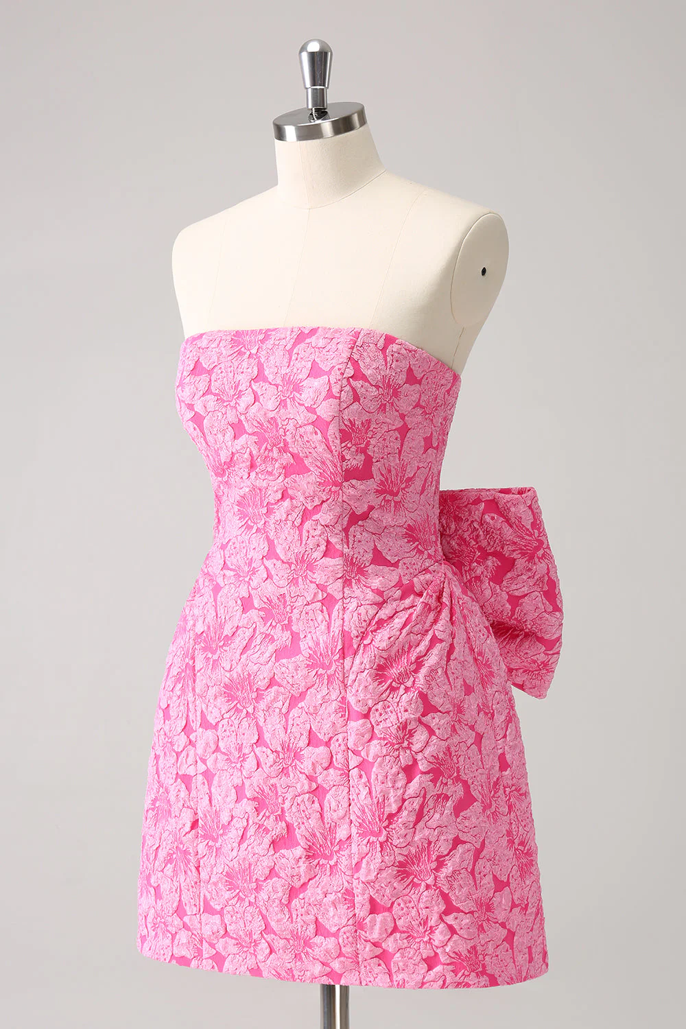 Fuchsia A Line Floral Strapless Short Graduation Dress With Bow - Image 3