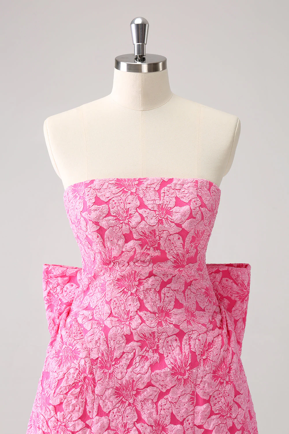 Fuchsia A Line Floral Strapless Short Graduation Dress With Bow - Image 4