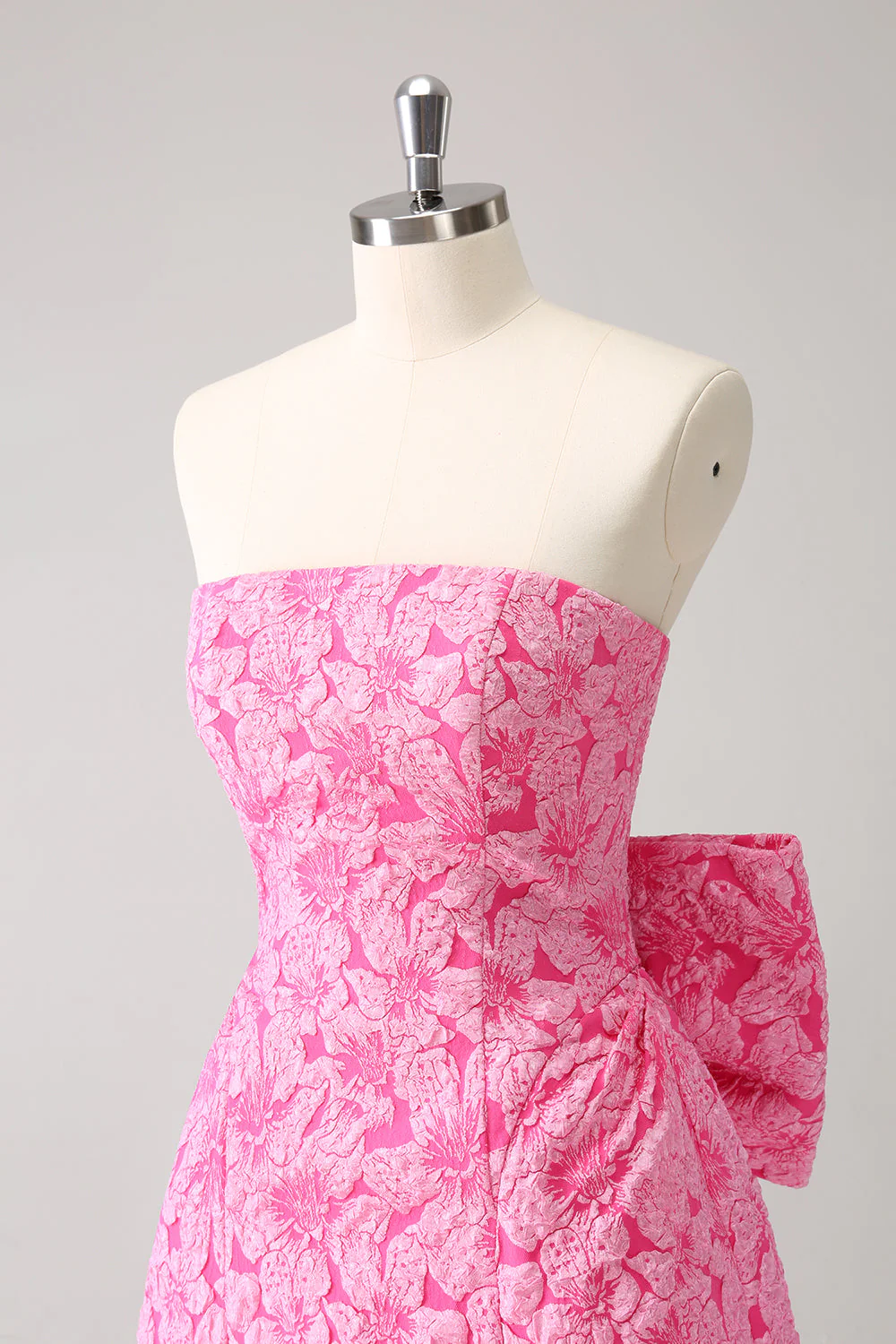 Fuchsia A Line Floral Strapless Short Graduation Dress With Bow - Image 6