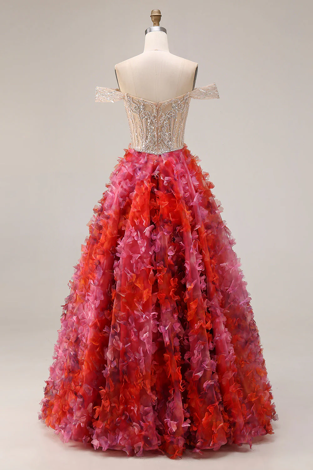 Fuchsia A-Line Off The Shoulder Beaded Sequin Long Prom Dress with 3D Flowers - Image 2