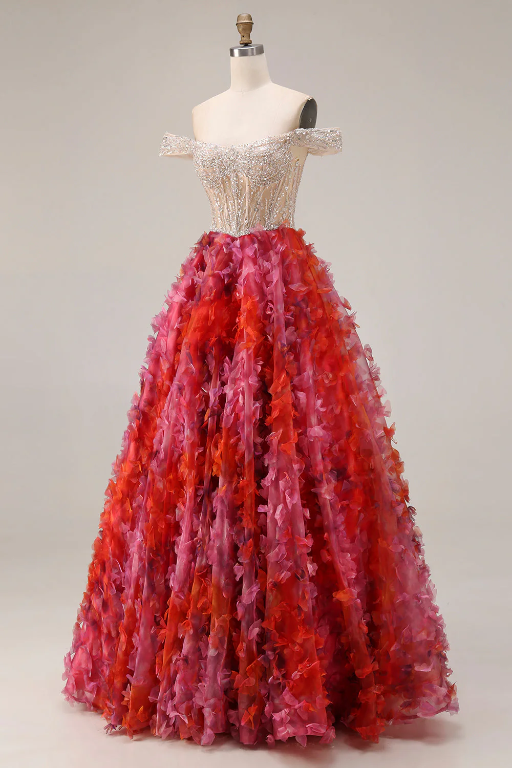 Fuchsia A-Line Off The Shoulder Beaded Sequin Long Prom Dress with 3D Flowers - Image 3