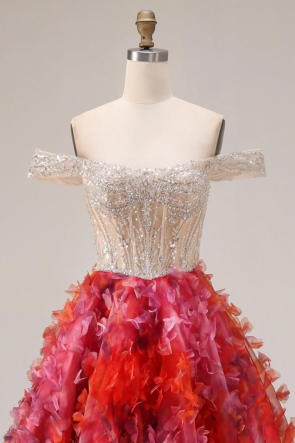 Fuchsia A-Line Off The Shoulder Beaded Sequin Long Prom Dress with 3D Flowers - Image 4