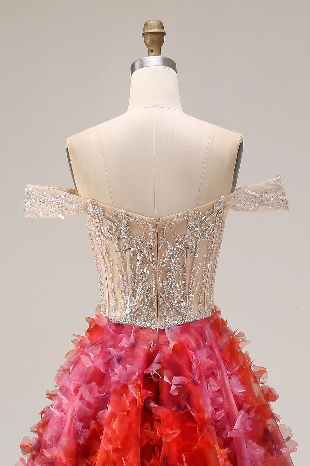 Fuchsia A-Line Off The Shoulder Beaded Sequin Long Prom Dress with 3D Flowers - Image 5