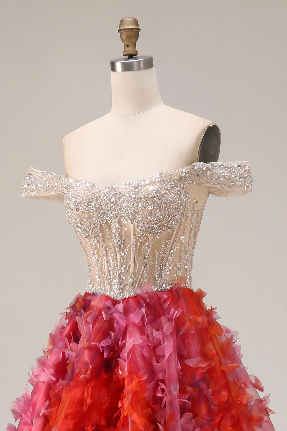 Fuchsia A-Line Off The Shoulder Beaded Sequin Long Prom Dress with 3D Flowers - Image 6