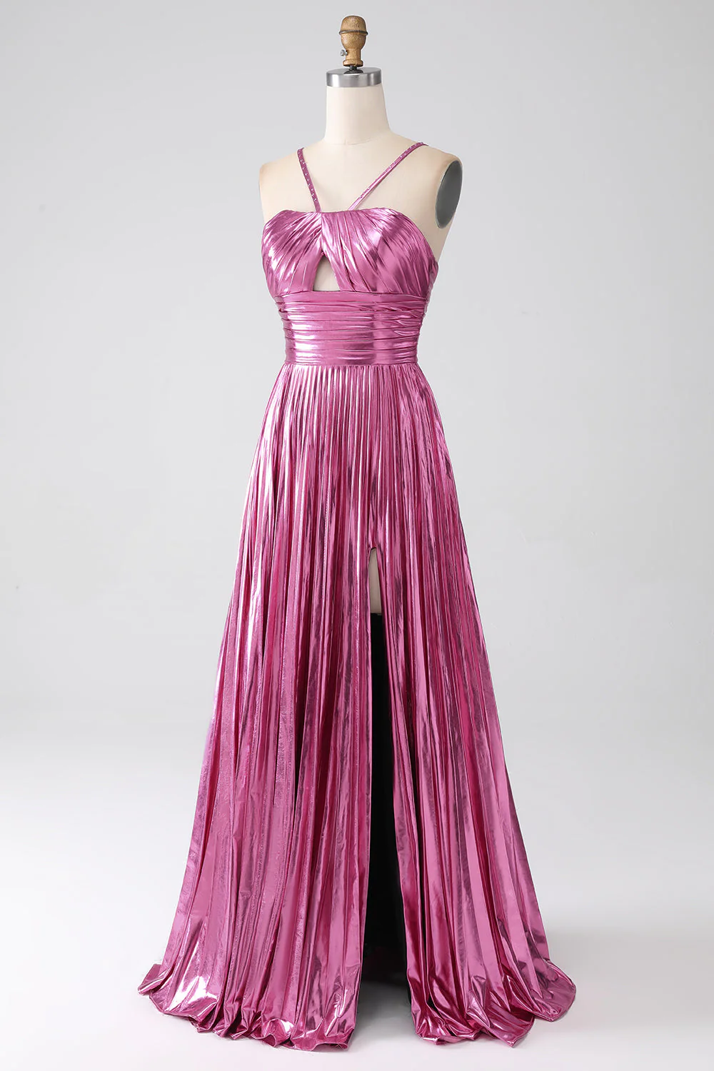 Fuchsia A-Line Spaghetti Straps Pleated Prom Dress with Slit - Image 5