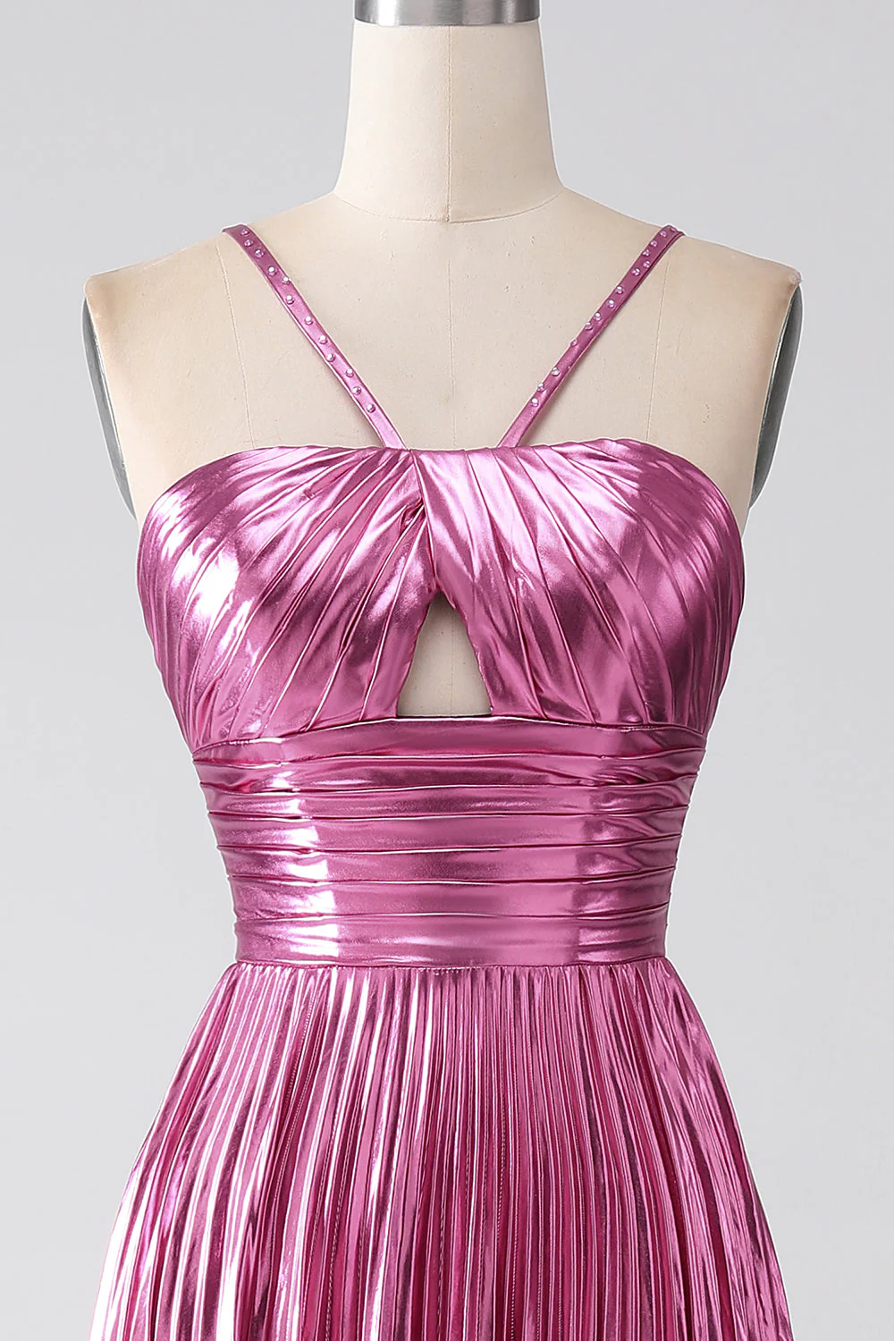 Fuchsia A-Line Spaghetti Straps Pleated Prom Dress with Slit - Image 6