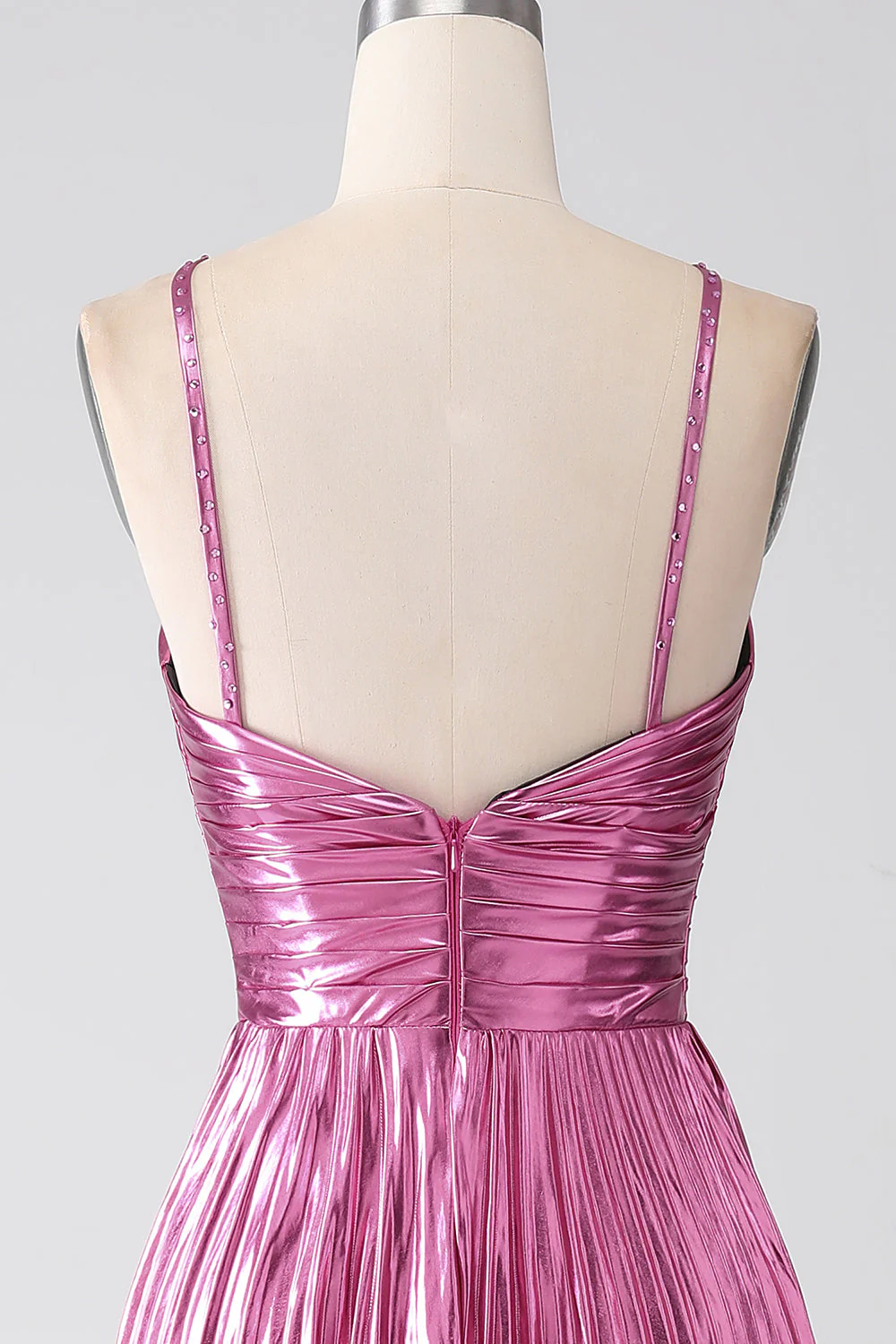 Fuchsia A-Line Spaghetti Straps Pleated Prom Dress with Slit - Image 7