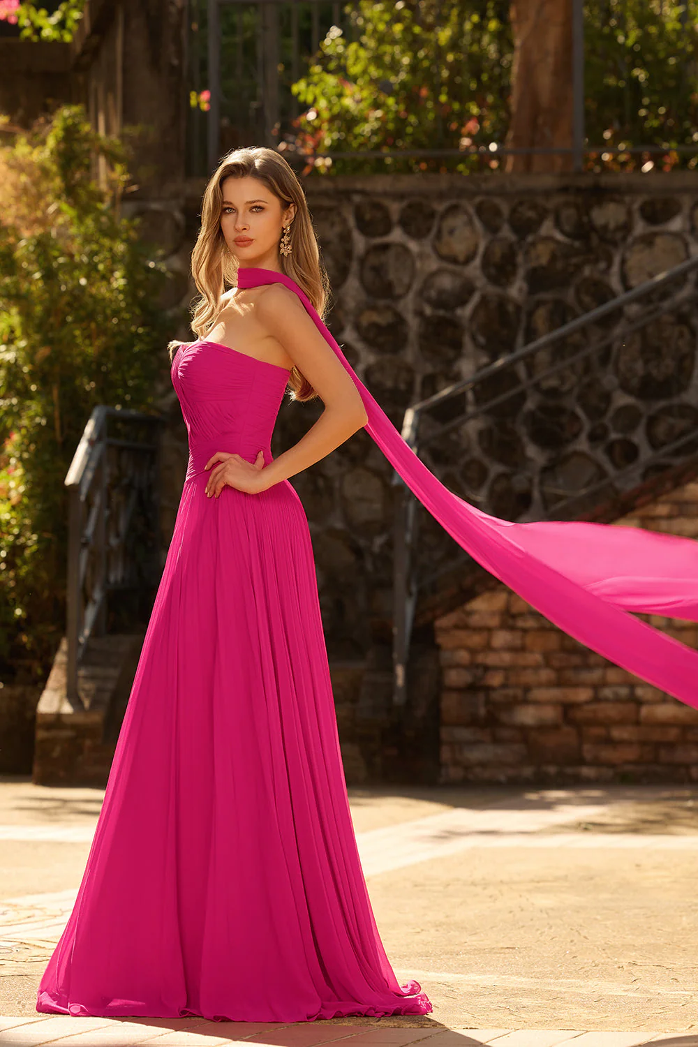Fuchsia A Line Strapless Pleated Tulle Long Prom Dress with Streamer - Image 3