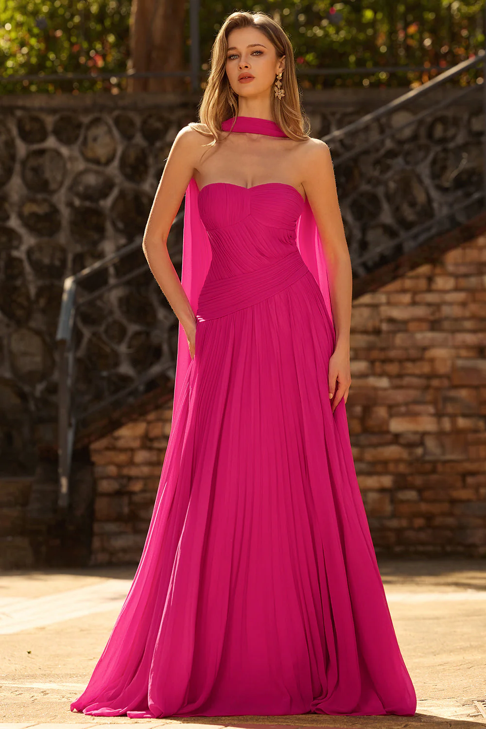Fuchsia A Line Strapless Pleated Tulle Long Prom Dress with Streamer - Image 4