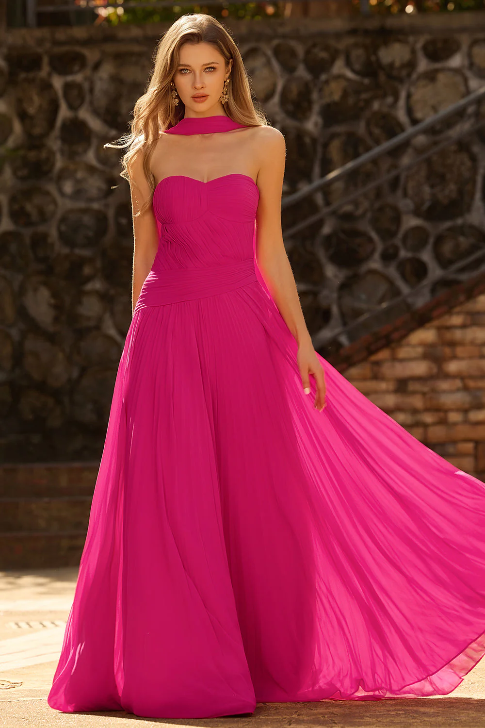 Fuchsia A Line Strapless Pleated Tulle Long Prom Dress with Streamer - Image 6