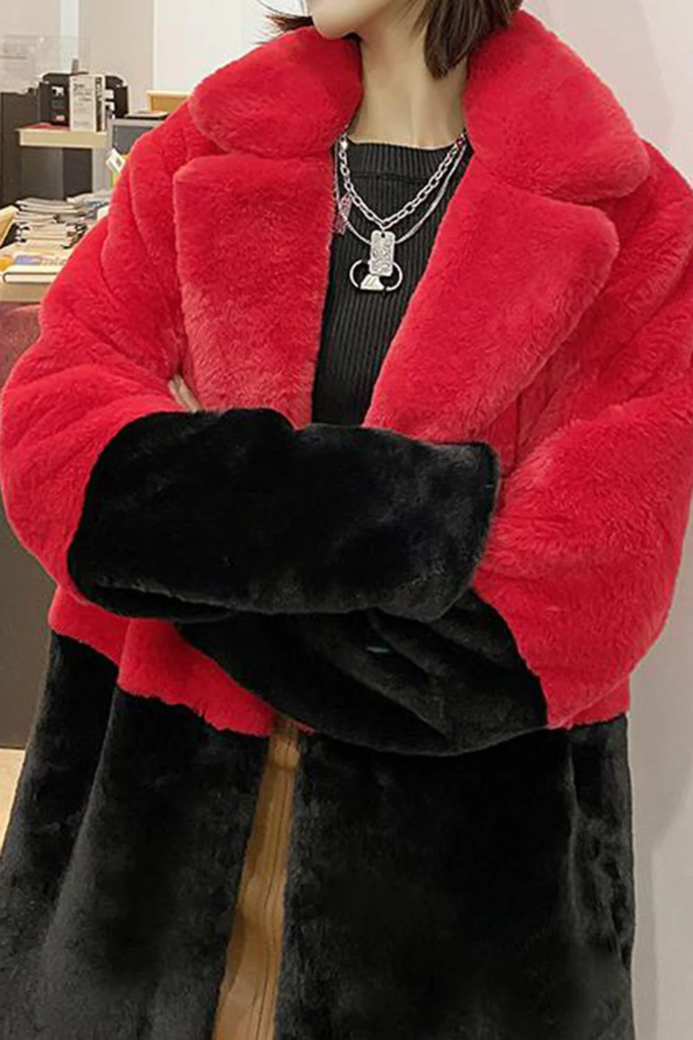 Fuchsia and Orange Fluffy Faux Fur Long Coat - Image 4