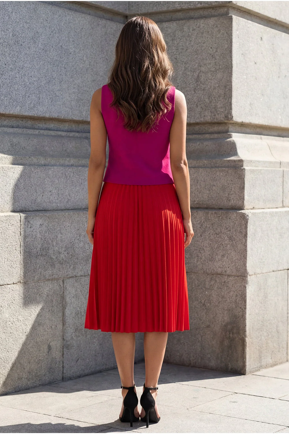 Fuchsia and Red V-Neck Pleated A Line 2 Piece Work Dress - Image 2