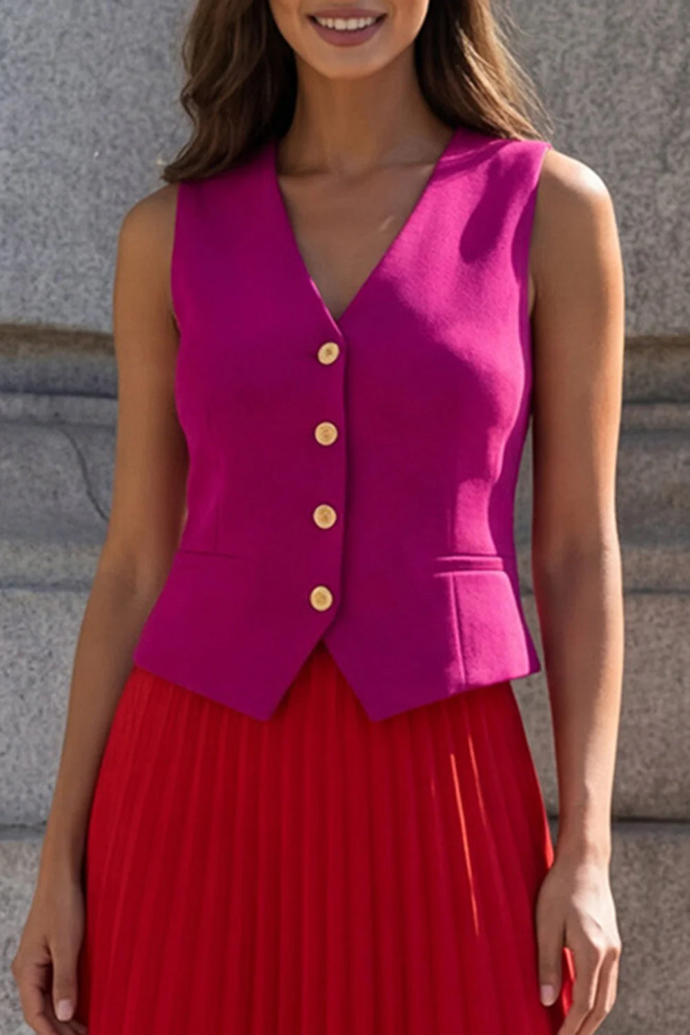 Fuchsia and Red V-Neck Pleated A Line 2 Piece Work Dress - Image 3