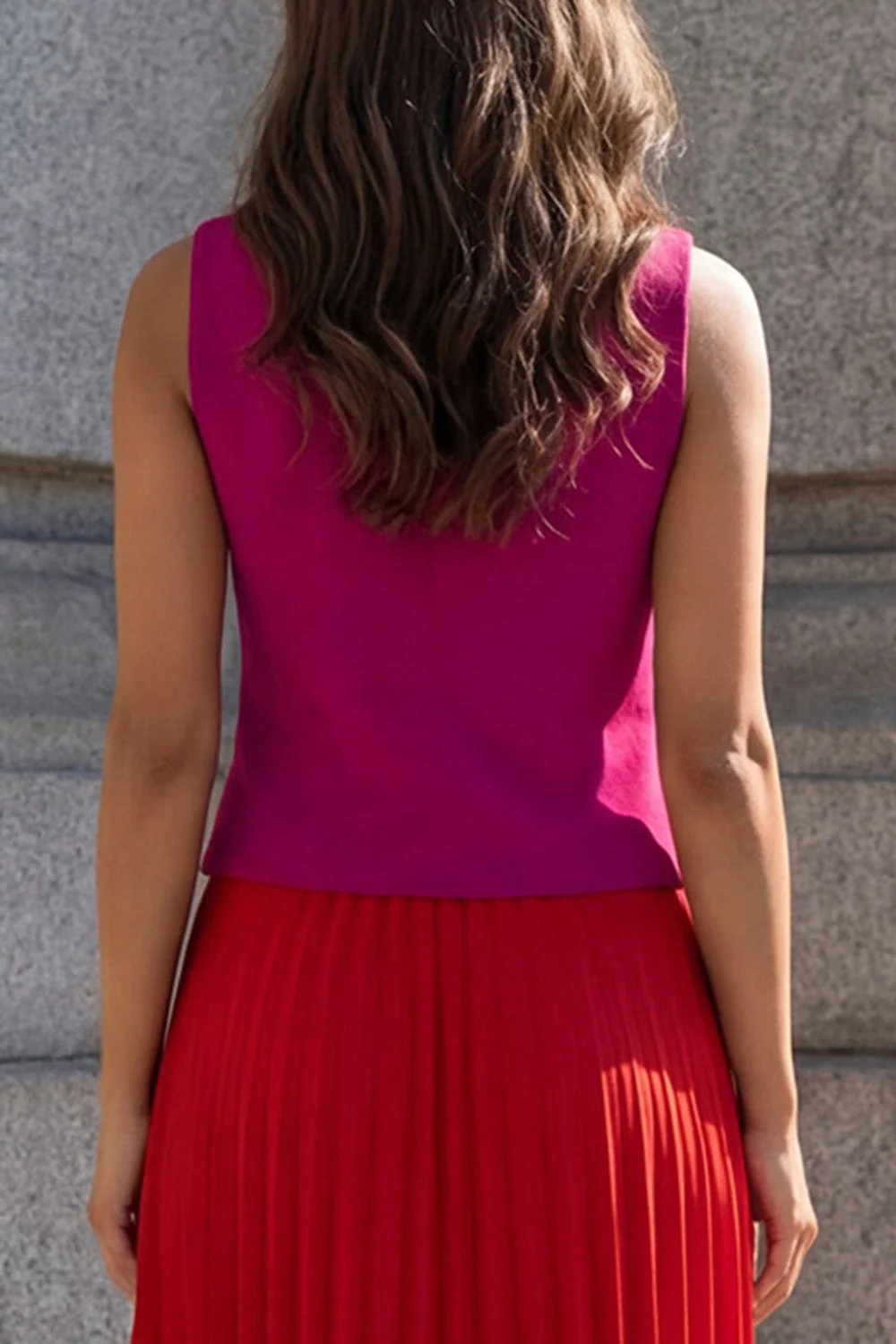 Fuchsia and Red V-Neck Pleated A Line 2 Piece Work Dress - Image 4