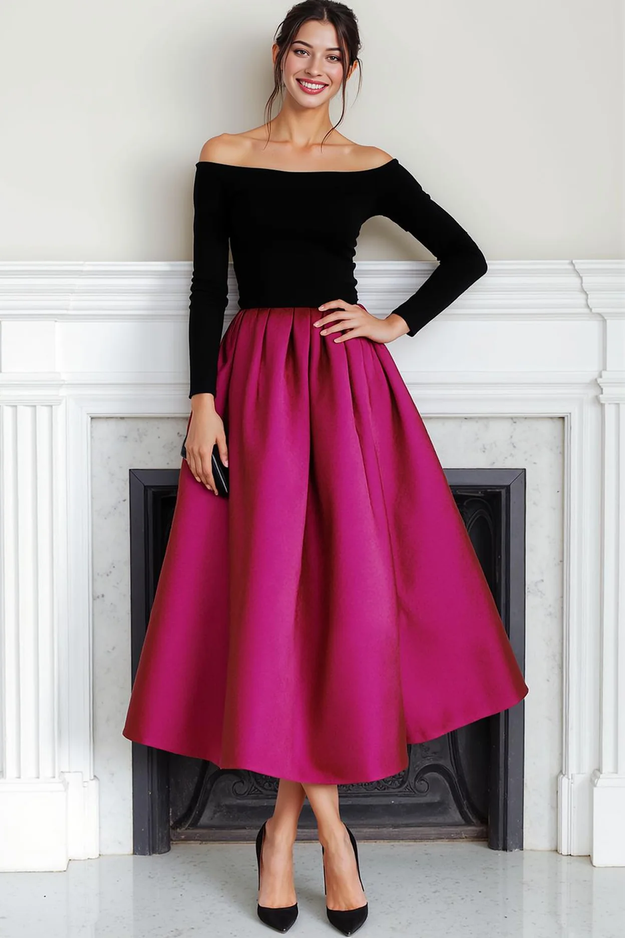 Fuchsia Black Velvet Off the Shoulder Long Evening Dress with Long Sleeves - Image 2