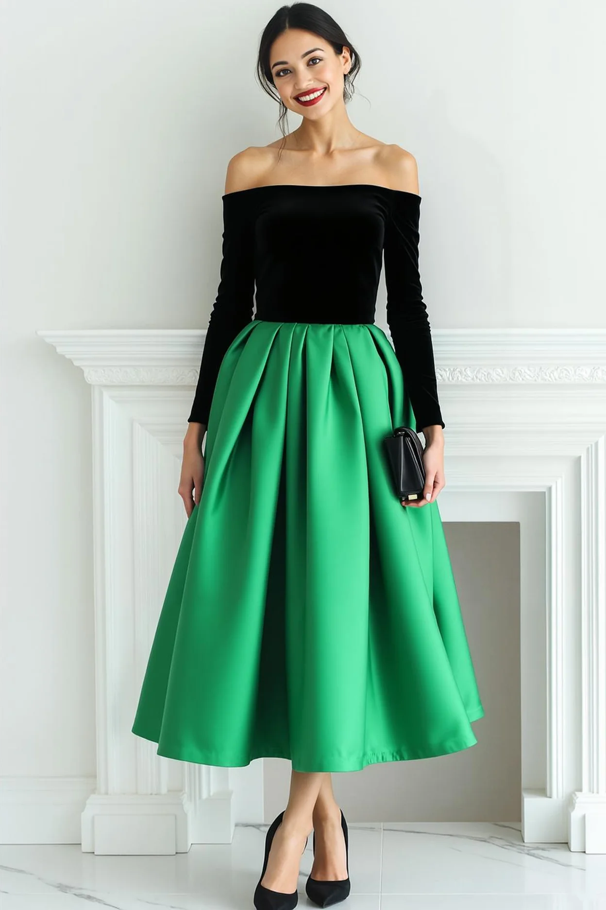 Fuchsia Black Velvet Off the Shoulder Long Evening Dress with Long Sleeves - Image 3