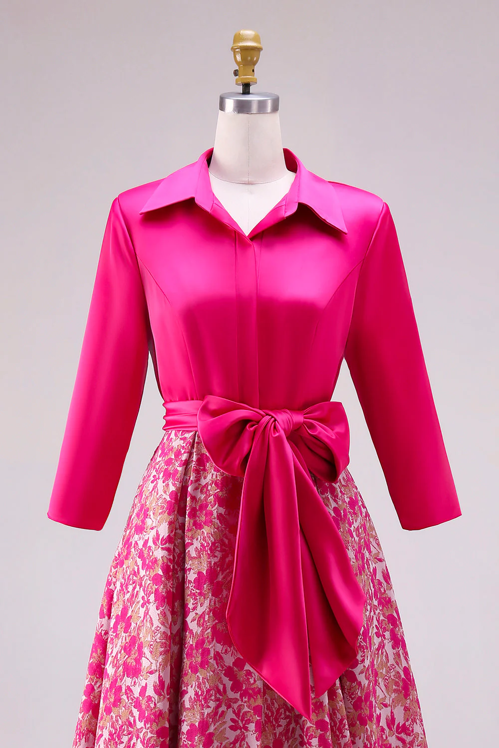 Fuchsia Floral A Line Satin Long Mother of the Bride Dress with Bowknot - Image 4