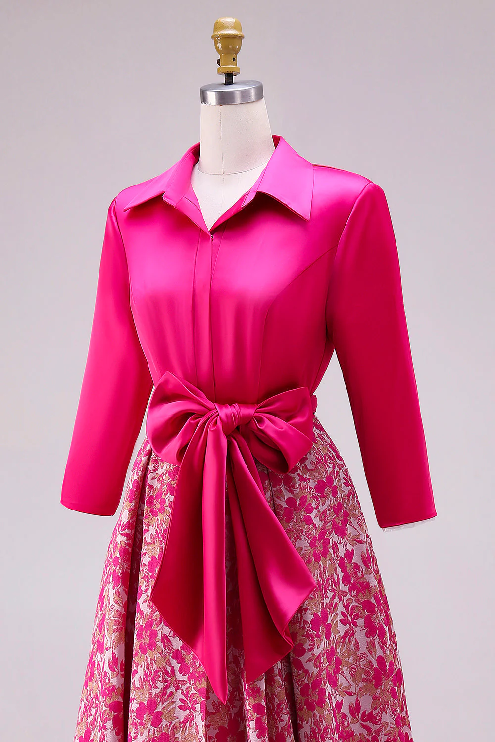 Fuchsia Floral A Line Satin Long Mother of the Bride Dress with Bowknot - Image 6