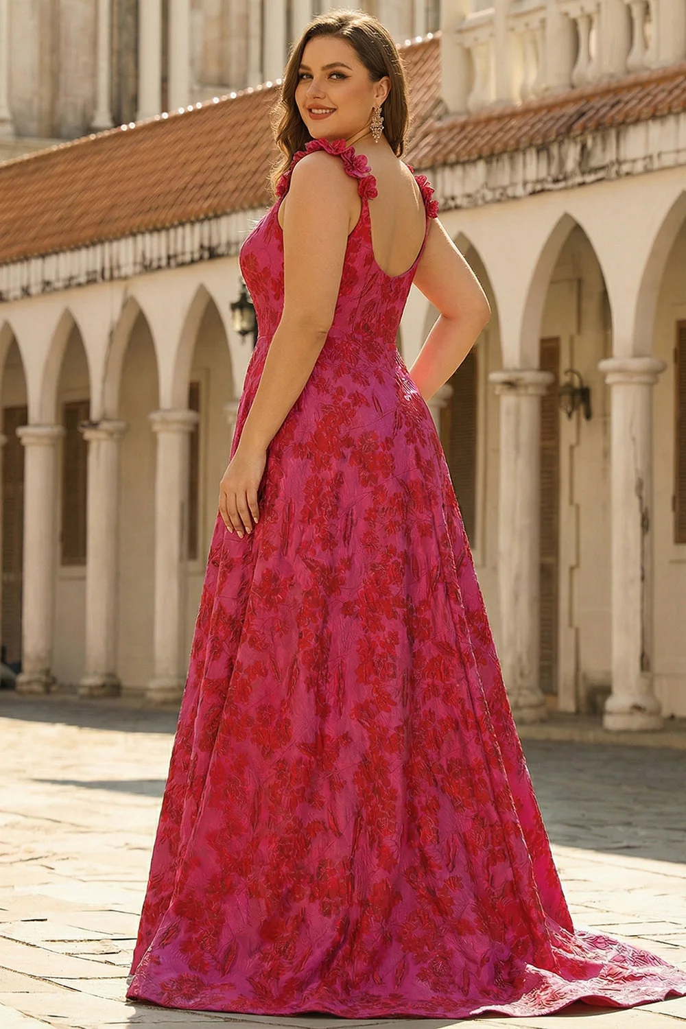 Fuchsia Floral Jacquard A-Line Spaghetti Straps Long Plus Size Prom Dress with Slit - Image 2