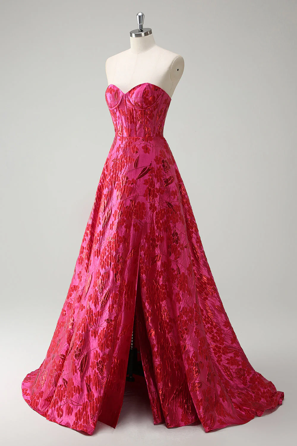 Fuchsia Floral Jacquard Sweetheart Princess Long Corset Prom Dress with Slit - Image 3