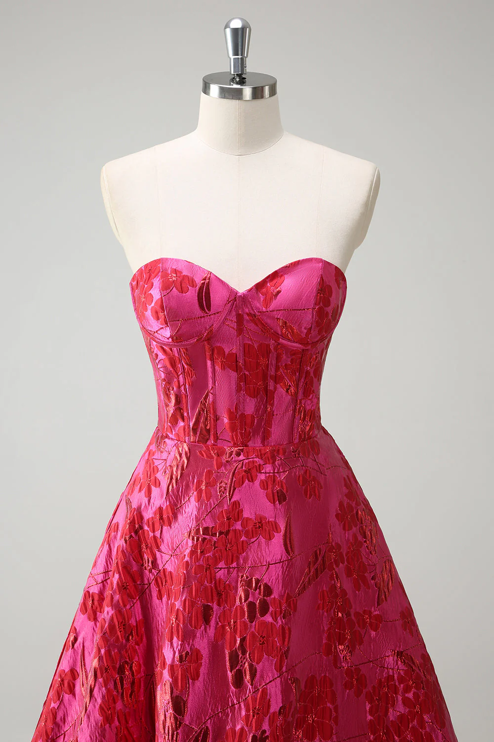 Fuchsia Floral Jacquard Sweetheart Princess Long Corset Prom Dress with Slit - Image 4
