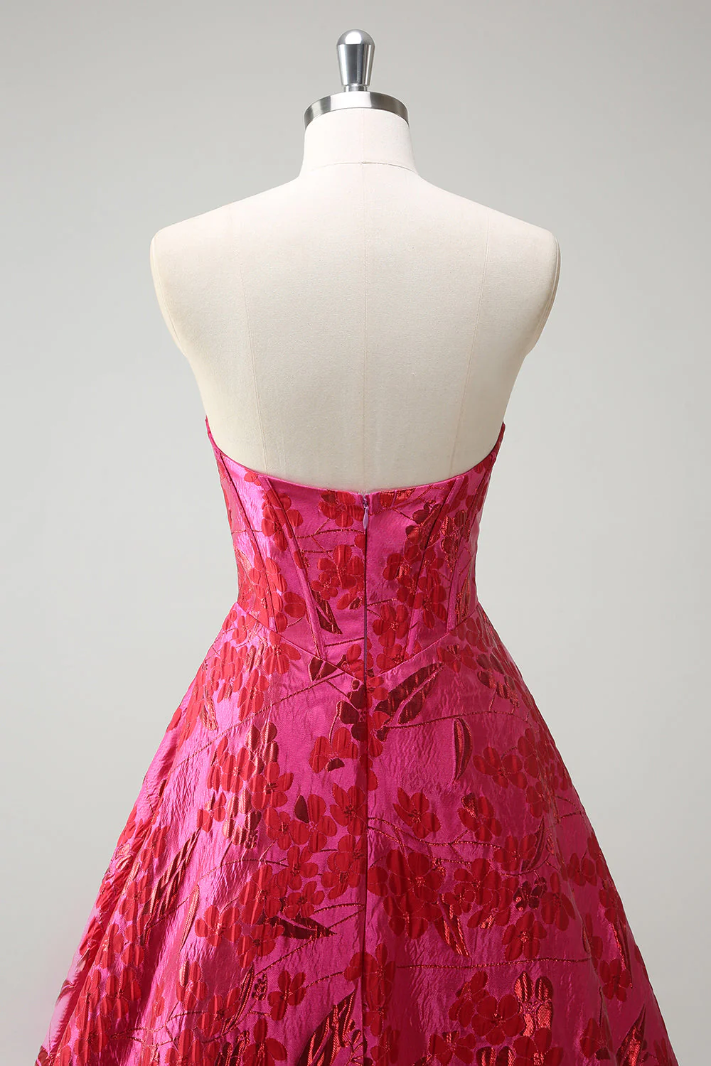 Fuchsia Floral Jacquard Sweetheart Princess Long Corset Prom Dress with Slit - Image 5