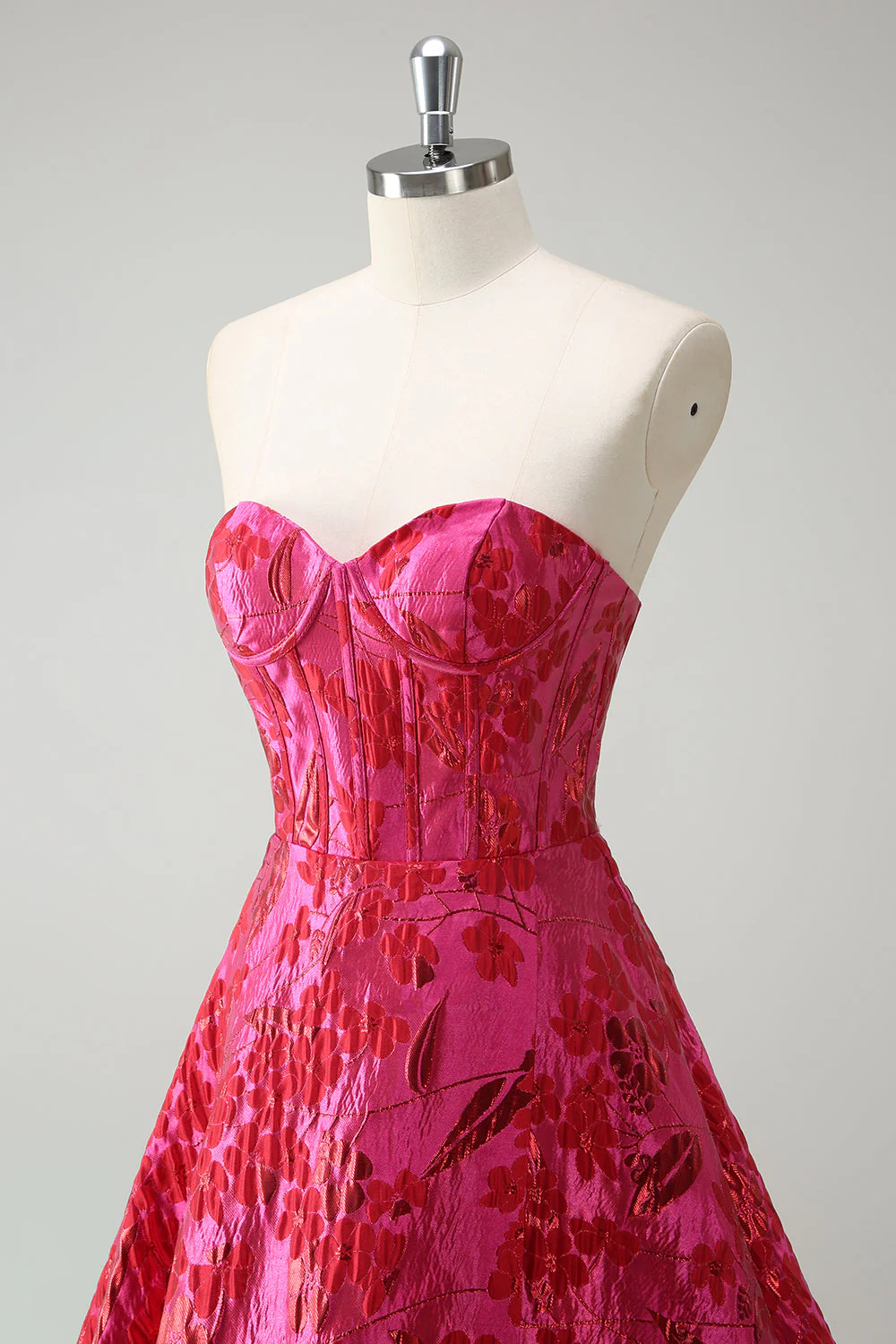 Fuchsia Floral Jacquard Sweetheart Princess Long Corset Prom Dress with Slit - Image 6