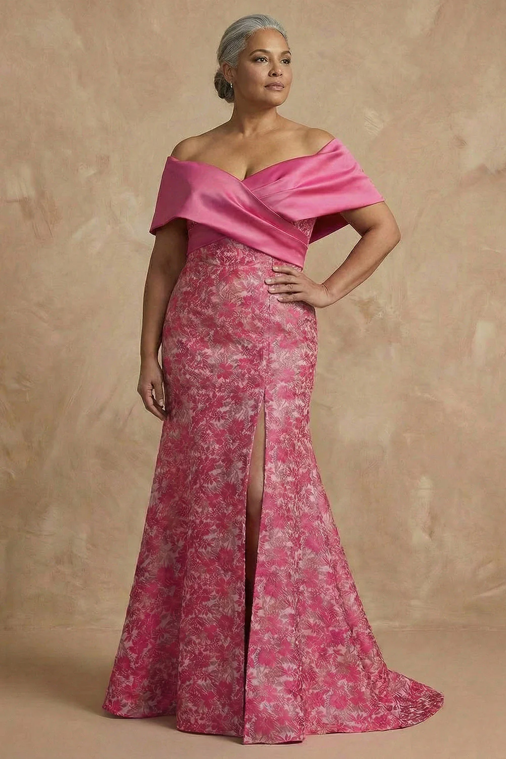 Fuchsia Floral Off The Shoulder Mermaid Long Mother of the Bride Dress with Slit - Image 2