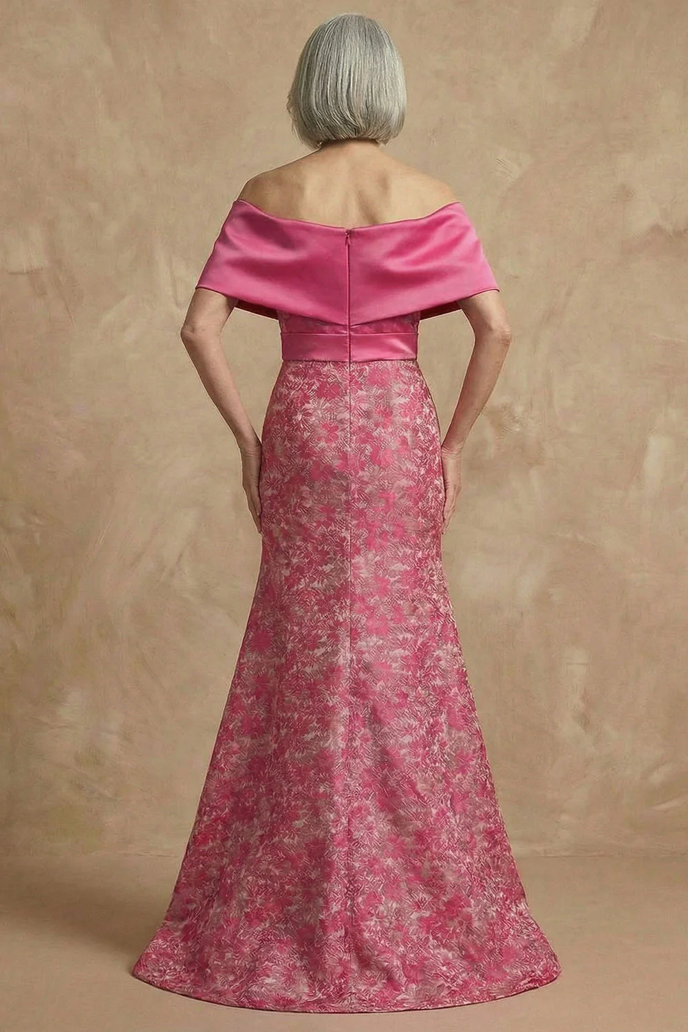 Fuchsia Floral Off The Shoulder Mermaid Long Mother of the Bride Dress with Slit - Image 3