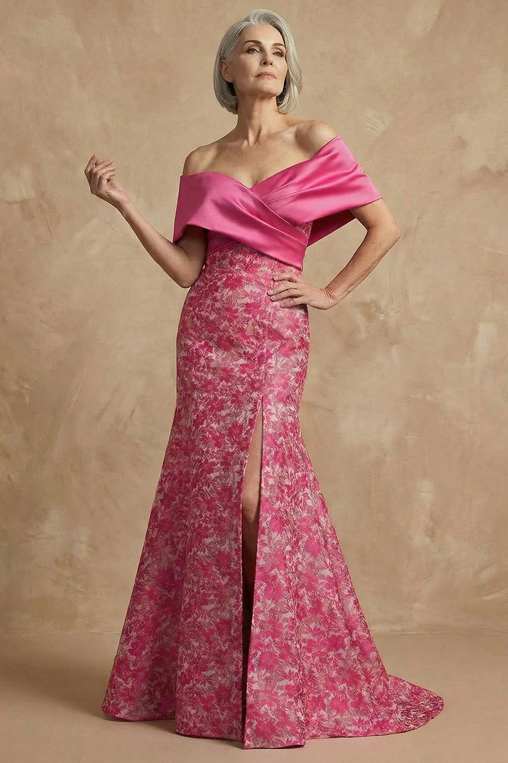 Fuchsia Floral Off The Shoulder Mermaid Long Mother of the Bride Dress with Slit - Image 4