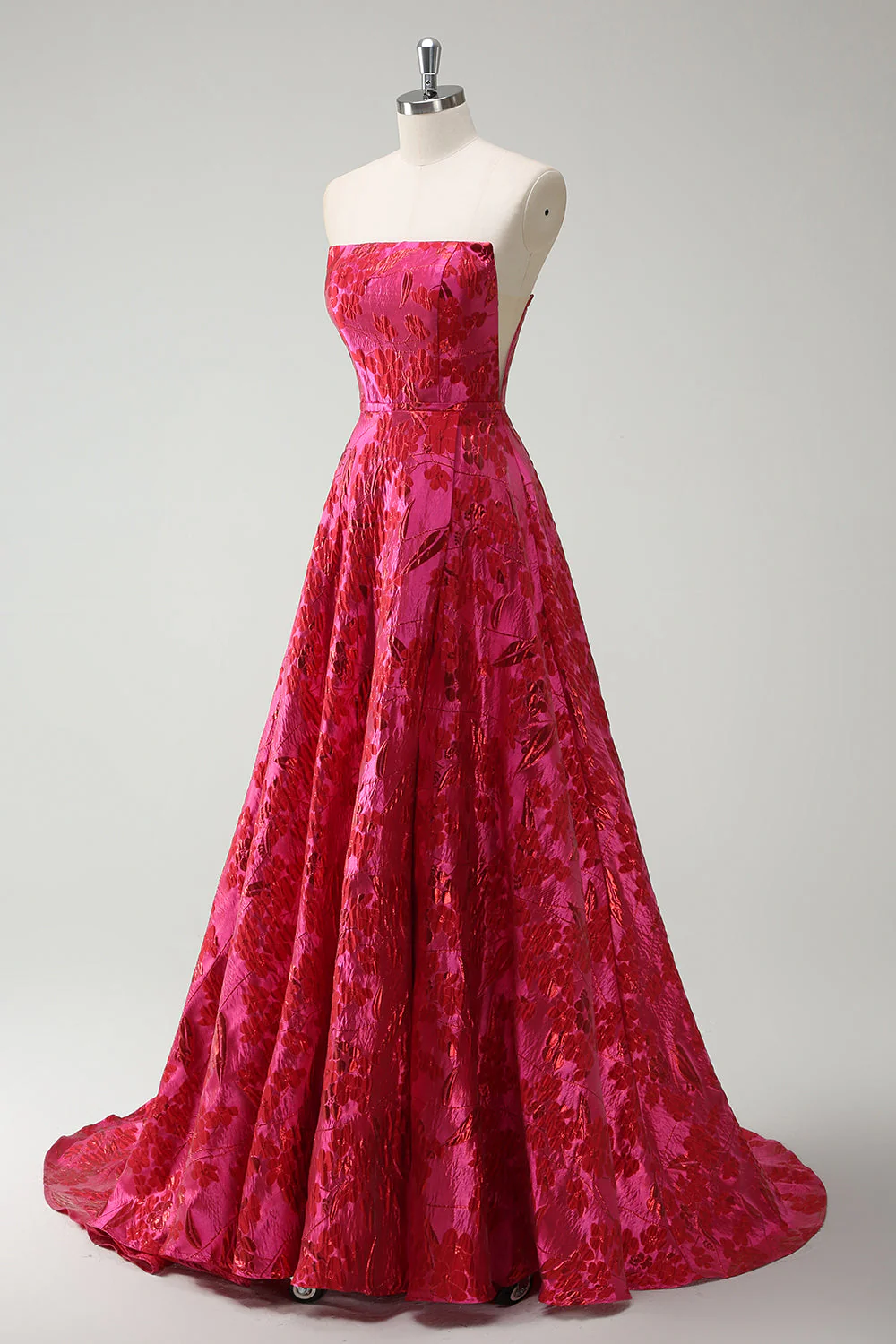Fuchsia Floral Strapless A-Line Long Prom Dress - Image 3
