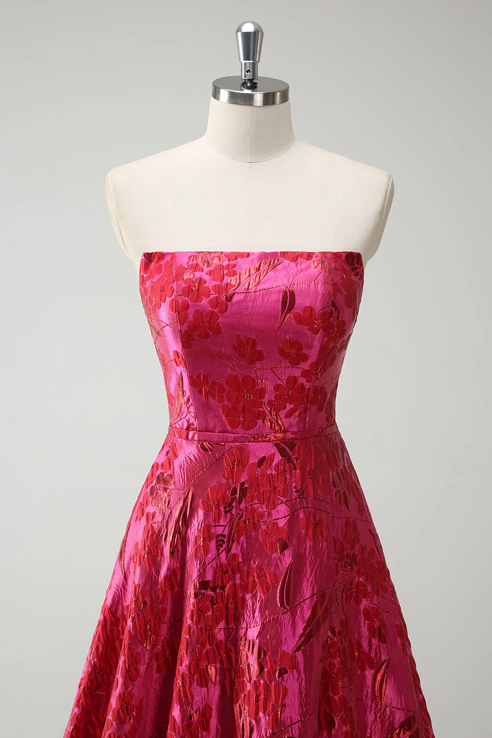 Fuchsia Floral Strapless A-Line Long Prom Dress - Image 4