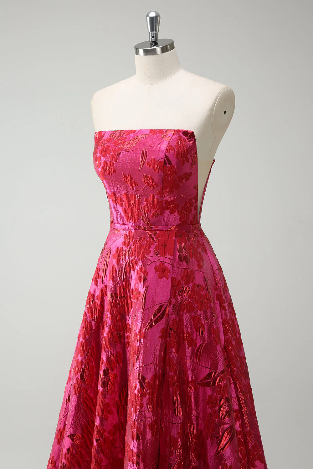 Fuchsia Floral Strapless A-Line Long Prom Dress - Image 6