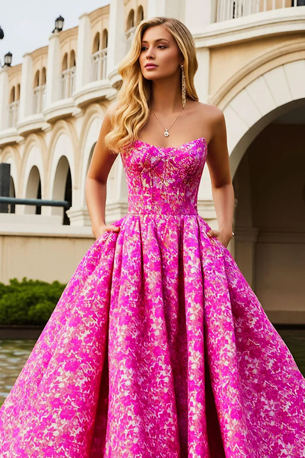 Fuchsia Flower A-Line Maxi Strapless Prom Dress With Pockets - Image 2
