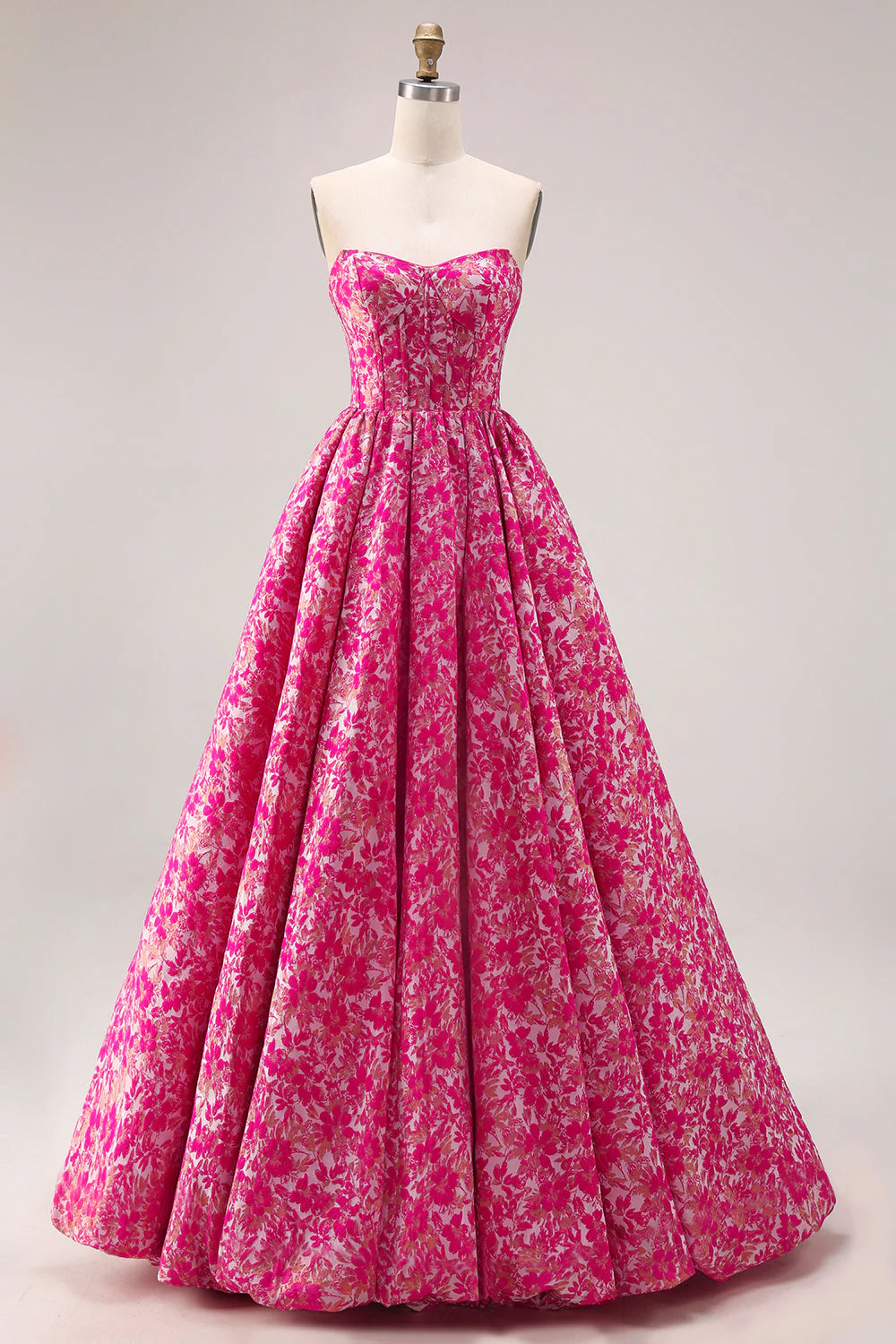 Fuchsia Flower A-Line Maxi Strapless Prom Dress With Pockets - Image 3