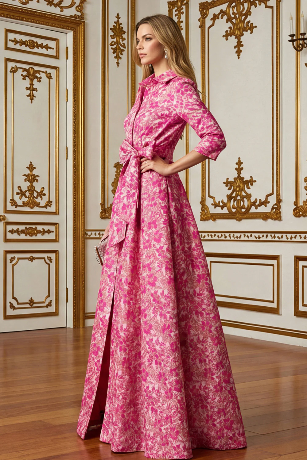 Fuchsia Flower A Line Shirt Collar Long Mother of the Bride Dress with Waist Tie - Image 3