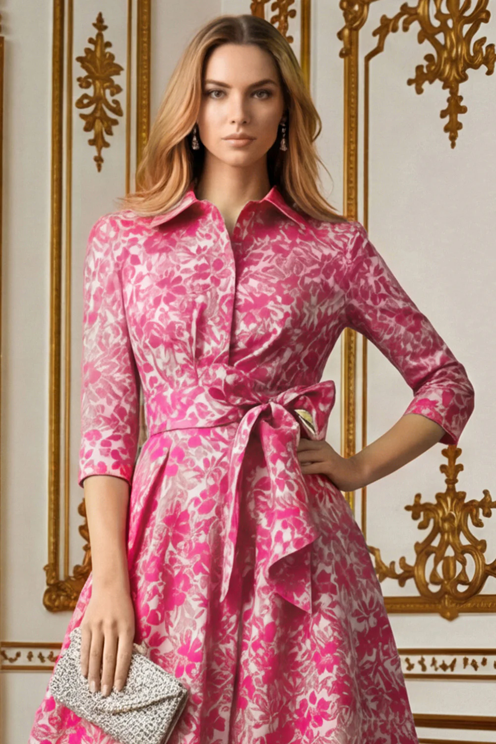 Fuchsia Flower A Line Shirt Collar Long Mother of the Bride Dress with Waist Tie - Image 4