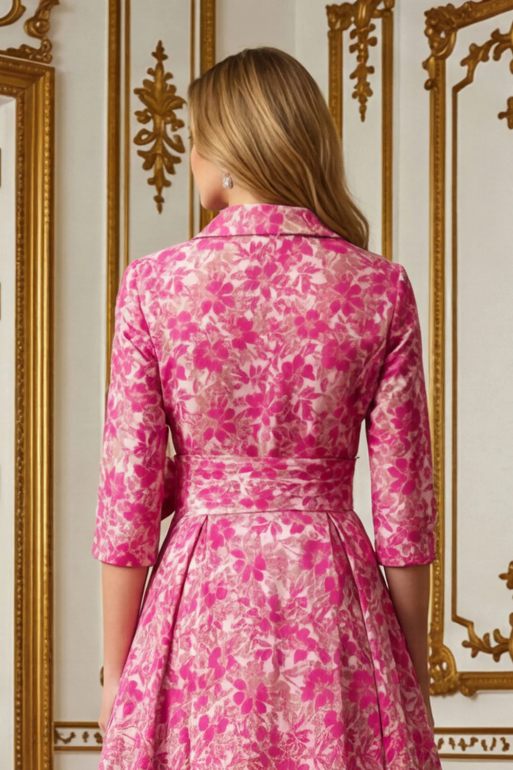Fuchsia Flower A Line Shirt Collar Long Mother of the Bride Dress with Waist Tie - Image 5
