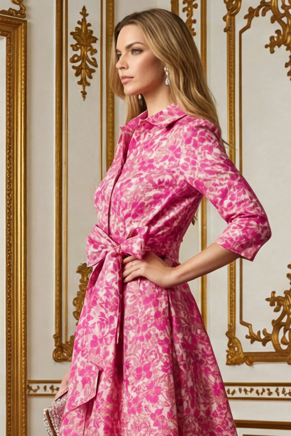 Fuchsia Flower A Line Shirt Collar Long Mother of the Bride Dress with Waist Tie - Image 6