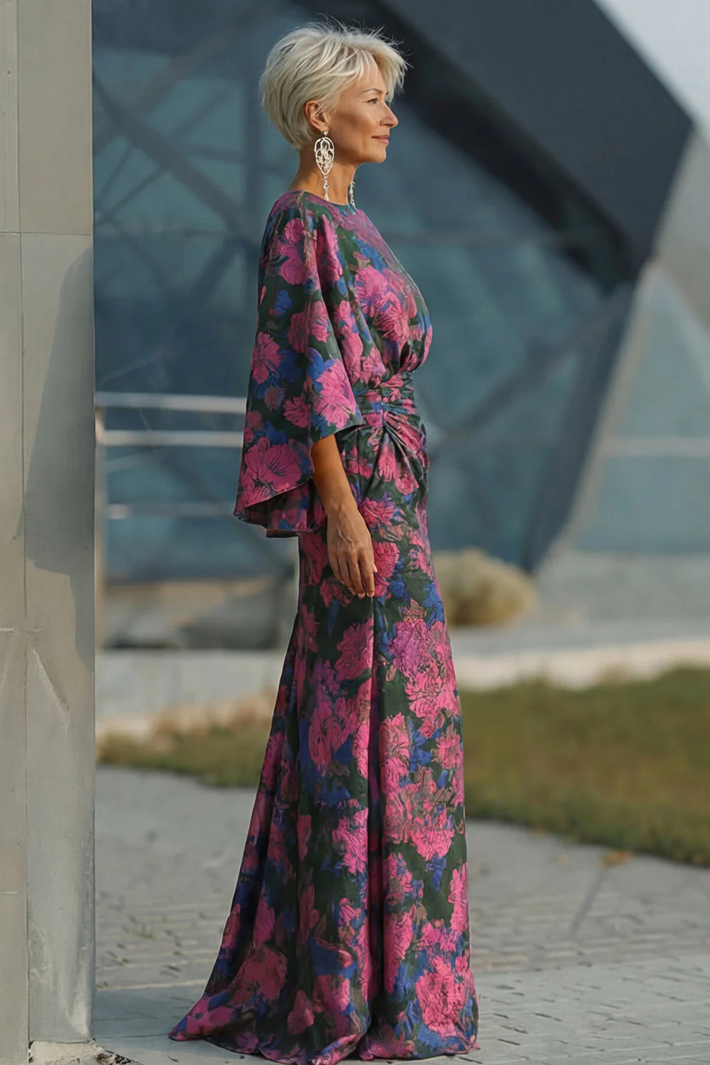 Fuchsia Flower Printed Sheath Ruched Mother of the Bride Dress with Flared Sleeves - Image 3