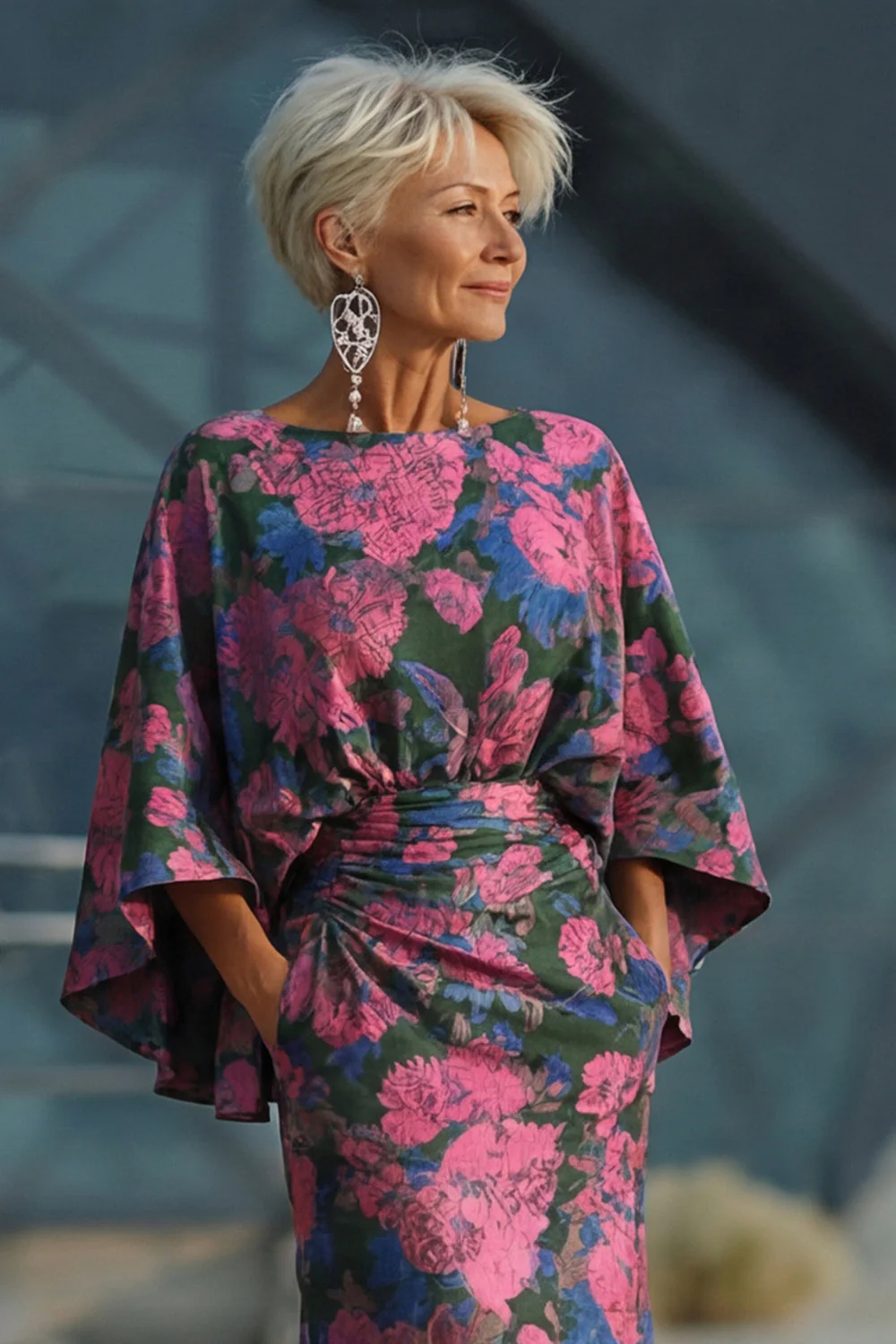 Fuchsia Flower Printed Sheath Ruched Mother of the Bride Dress with Flared Sleeves - Image 4